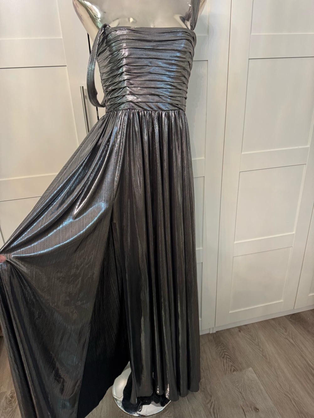 New Retrofete iris Metallic gunmetal dress with removable straps Gown